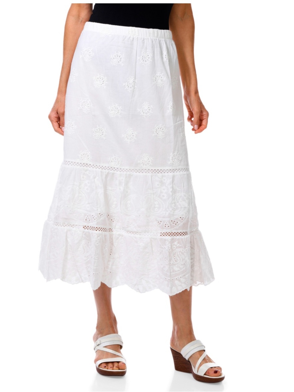 Embroidered White Eyelet Tiered Midi Skirt